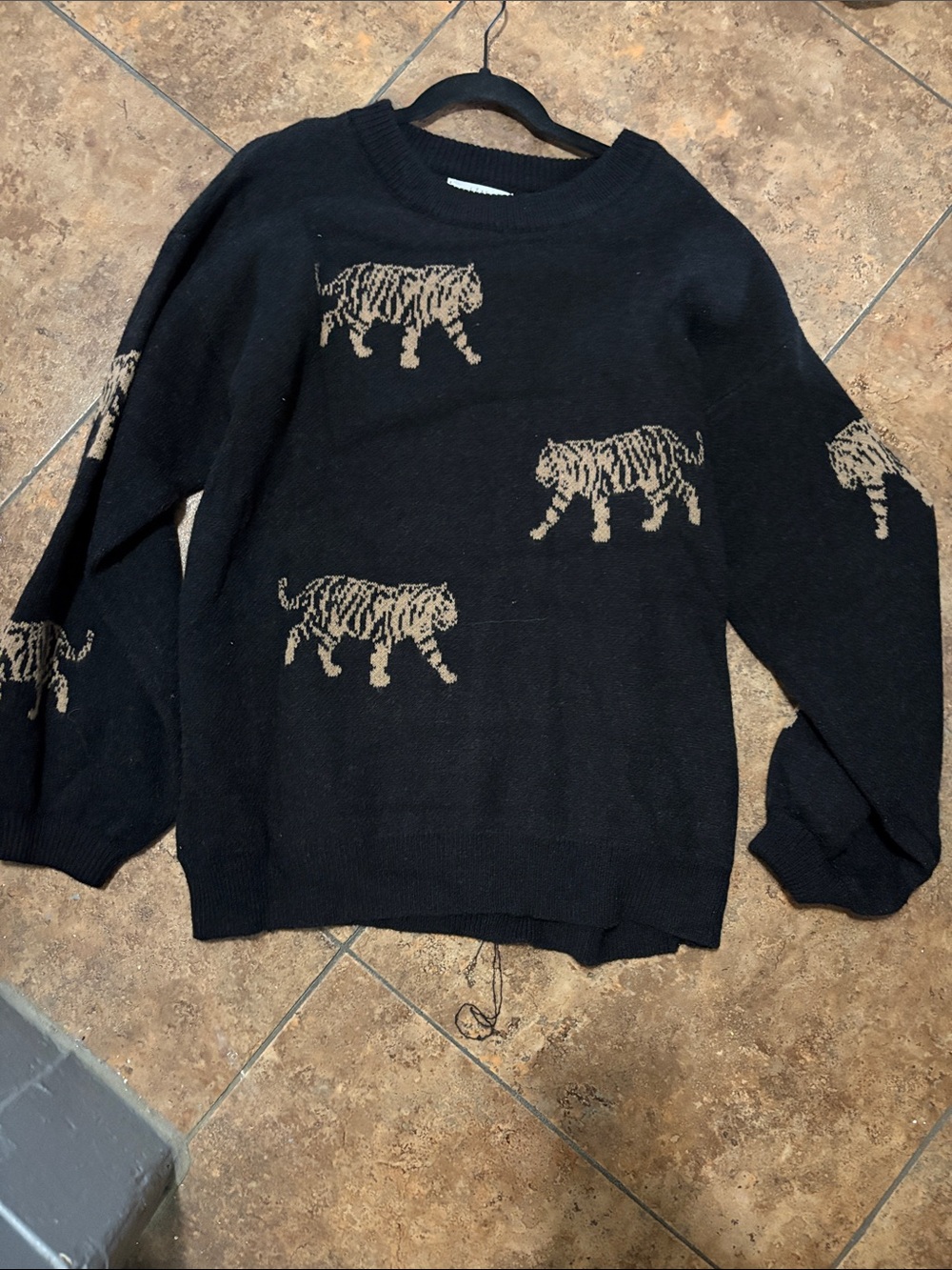 Black Crewneck Sweater with Tan Tiger Motif